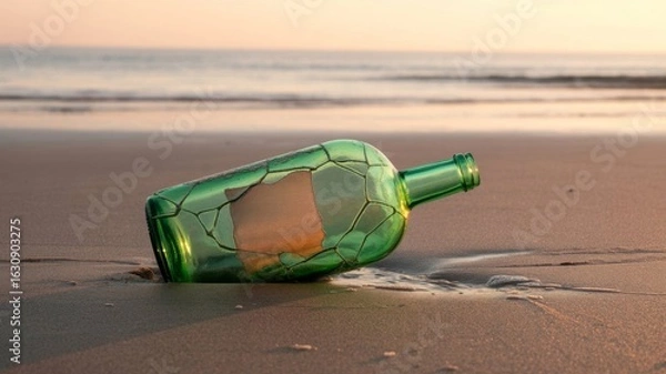Fototapeta Weathered bottle with hidden message on seashore, sunrise casting warm glow