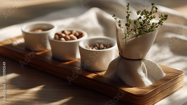 Fototapeta Wooden tray with herbs and nuts. Small bowls of almonds, hazelnuts, and flax seeds for a healthy snack.