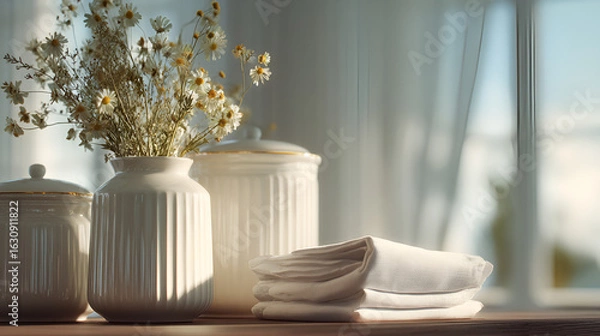 Fototapeta White ceramic canisters and flower vase with small daisies on a wood table, with curtains backdrop