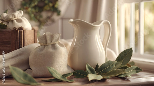Fototapeta A rustic scene: cream pitcher, burlap sacks, and bay leaves on a wooden surface, bathed in soft sunlight.