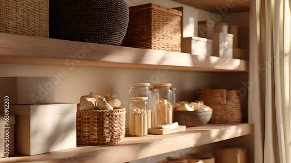 Fototapeta Organized shelves with containers, jars, and baskets. Rustic, yet clean storage solution and decor.