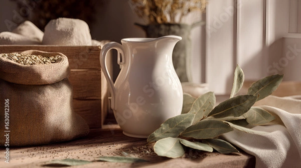 Fototapeta Still life of a white pitcher and linen cloth on a wooden surface with burlap sacks in the background.