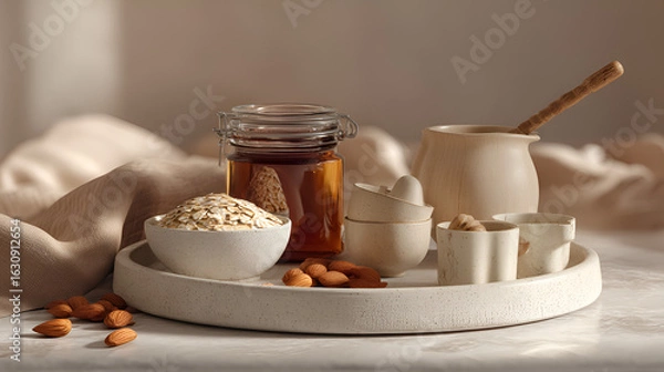 Fototapeta Elegant still life featuring breakfast staples arranged on a round tray in soft, natural lighting.