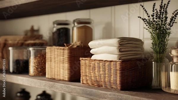 Fototapeta Pantry organization with wicker baskets, linens, jars, and lavender for a serene home aesthetic.