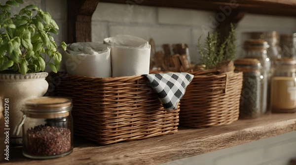 Fototapeta Rustic Kitchen Shelf: Woven Baskets, Glass Jars, Fresh Herbs, and a Gingham Cloth create a cozy scene.