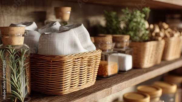 Fototapeta Rustic charm: wooden shelf featuring baskets, glass jars, and natural ingredients in a warm, inviting space.