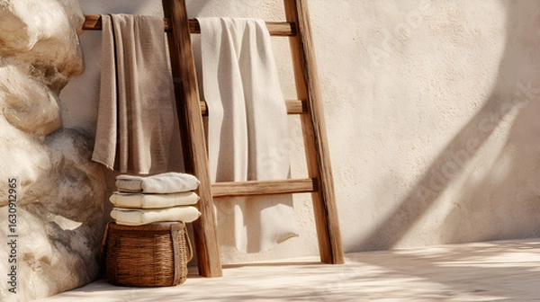 Fototapeta Rustic spa scene with towels on a ladder, set against a textured stone wall and a light surface.