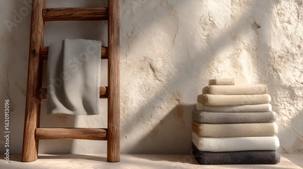 Fototapeta Cozy towels stacked by rustic ladder in a warm, neutral bathroom setting, natural light and texture.