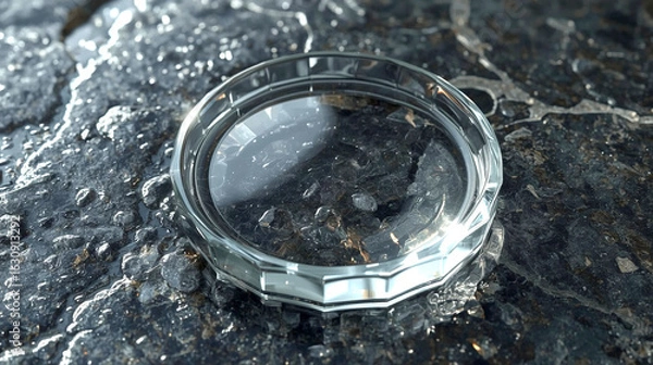 Obraz Hyper-Realistic Transparent Glass Circle – Smooth Beveled Edges on Wet Glossy Dark Stone Surface with Reflections and Clarity in Lucid Realism Style, 8K Photorealistic Render