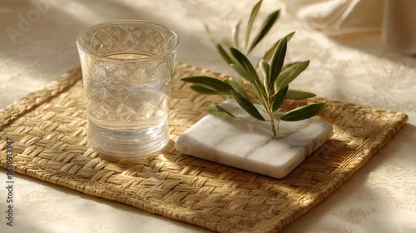 Fototapeta Elegant still life with water glass, olive branch, and natural textures in warm light. Serene simplicity.