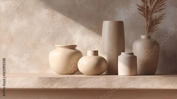 Fototapeta Neutral Vases on Shelf - A serene composition of clay vessels against a textured wall in muted tones.