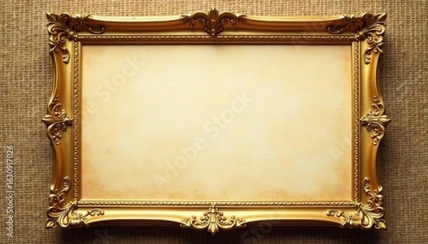 Obraz Ornate gold frame, empty parchment, burlap background, display, old