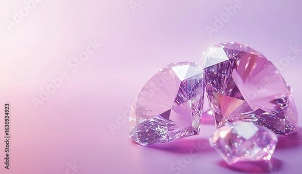 Fototapeta 3D rendering of a pink and purple diamond background. The diamonds sparkle with a soft light and glitter on the surface, creating an elegant atmosphere. In the foreground