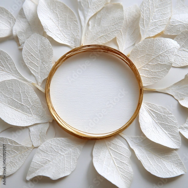 Fototapeta White leaves in the shape of an O white backgroun Generative ai