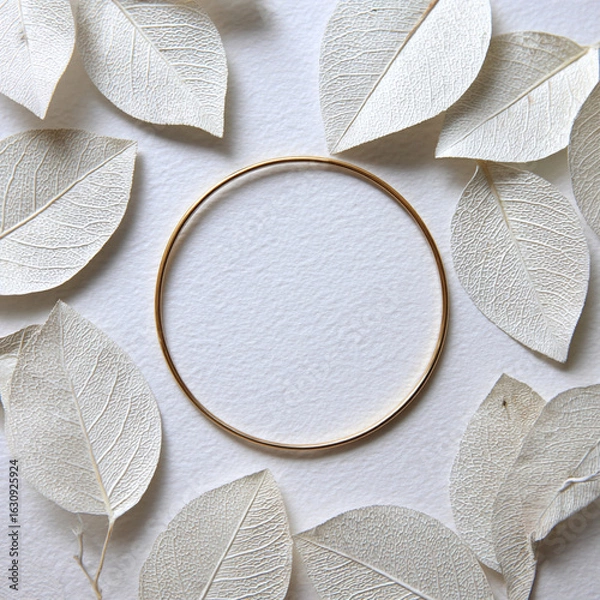 Obraz White leaves in the shape of an O white backgroun Generative ai