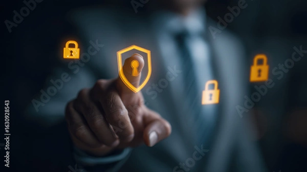 Fototapeta Secure technology interface with person interacting with digital locks and shield symbolizing cybersecurity