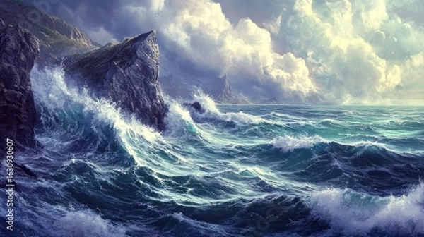 Fototapeta Dramatic Ocean Waves Crashing Against Rocky Cliffs Under Stormy Skies.