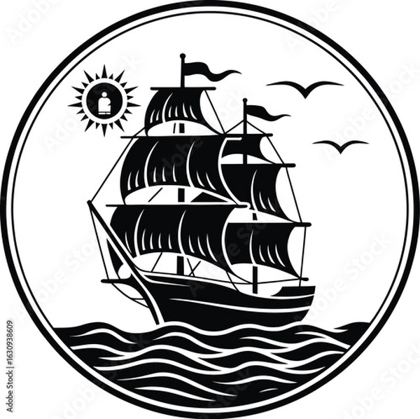 Fototapeta Sailing the Open Seas: A meticulously crafted emblem showcases a classic ship sailing upon the waves, accompanied by sun and seabirds, an emblem of maritime adventure and exploration.