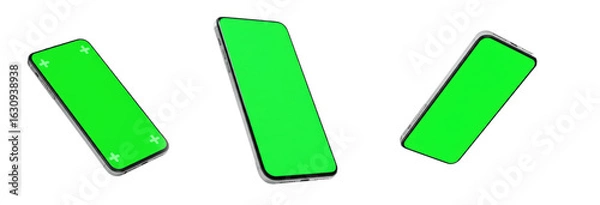 Fototapeta Smartphone with Green Screen PNG Set Isolated on Transparent Background – Modern Mobile Phone Mockups from Different Angles, Perfect for App Design, Tech Presentations, Advertising, and Digital Media 