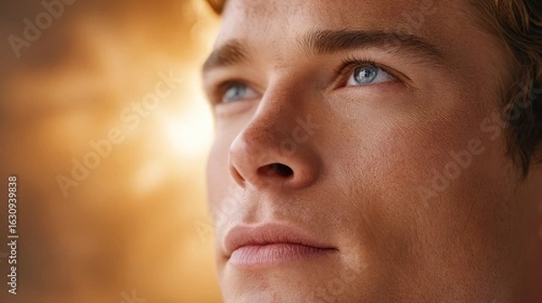 Fototapeta A close-up of a person radiating a glowing aura while deep in thought, symbolizing the power of manifestation through feeling and intention.