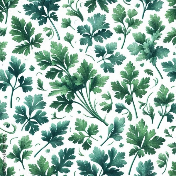 Fototapeta Green parsley leaves pattern on white background creates a natural, botanical, fresh design.