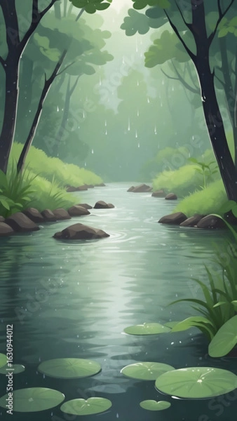 Fototapeta Serene Forest Stream in Gentle Rain.