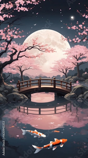 Fototapeta Serene Japanese Garden with Koi and Cherry Blossoms Under Full Moon 1.