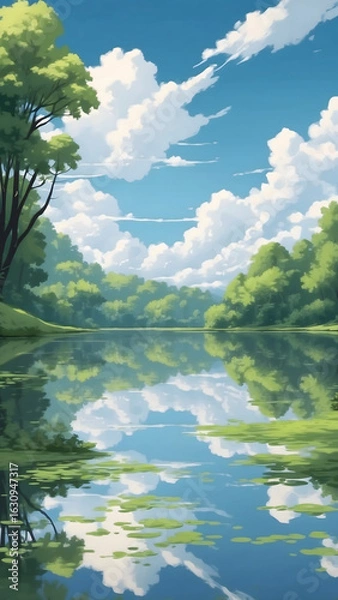 Fototapeta Serene Lake Reflections Under a Cloudy Sky.