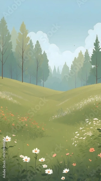 Fototapeta Serene Meadow with Wildflowers and Distant Forest.