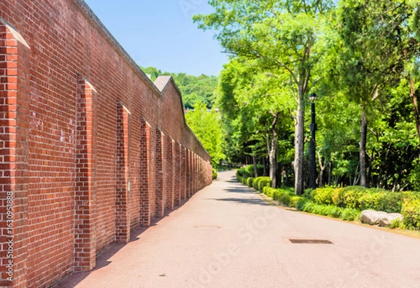 Fototapeta A long brick wall lines a tree-shaded pathway in a serene outdoor setting in Seoul, South Korea