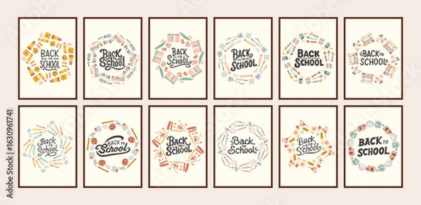 Fototapeta Back to school simple poster big set. Trendy school banners, backgrounds. Modern design with school supplies, education stickers, doodle. Back to school, college, study concept.