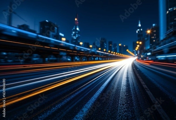 Obraz Dynamic long exposure urban highway lights creating vibrant streaks under city skyscrapers at night