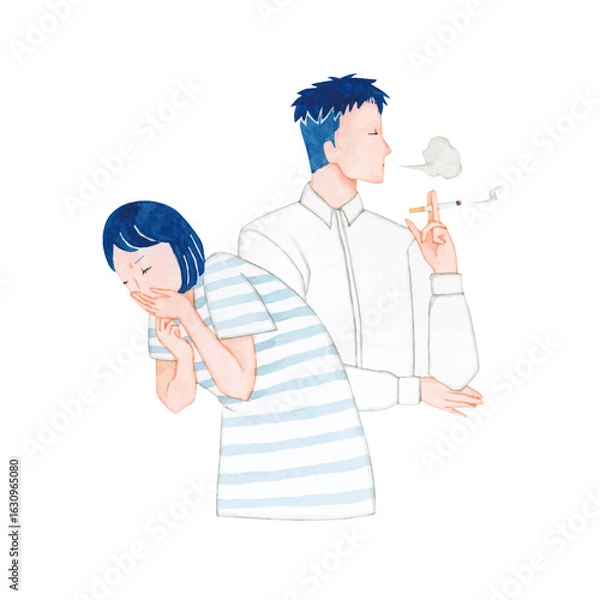 Fototapeta 妊娠 マタニティ　つわりに苦しむ妊婦とタバコを吸う夫　水彩 イラスト