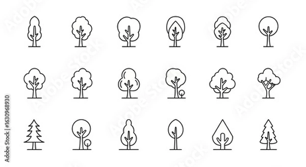 Fototapeta Diverse collection of simple line art trees for nature and eco projects