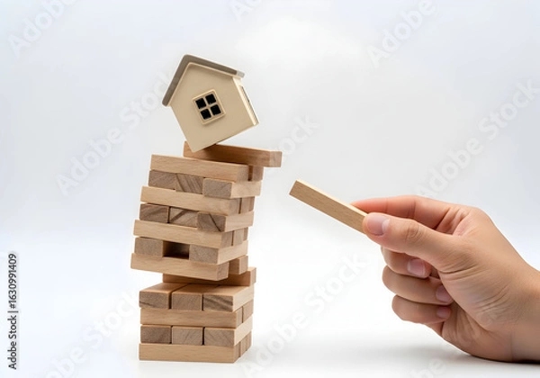 Obraz Creative Jenga Tower with Miniature House on Top