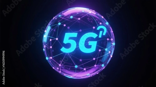 Fototapeta Glowing sphere with '5G' text and network connections, symbolizing advanced communication technology