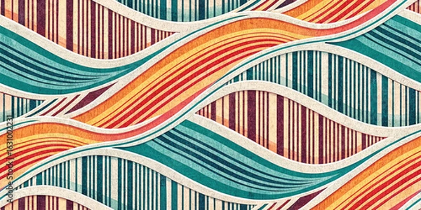 Fototapeta Vibrant abstract wavy lines create a dynamic retro pattern with warm oranges and cool blues