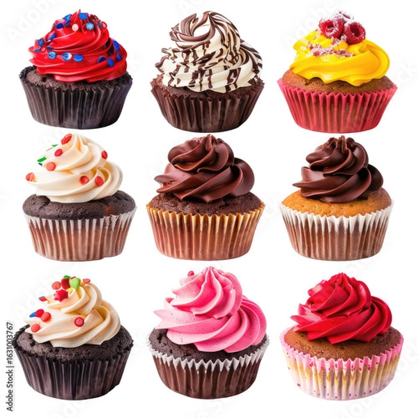 Fototapeta Nine colorful cupcakes in a grid pattern.  Each cupcake features a different frosting color and topping