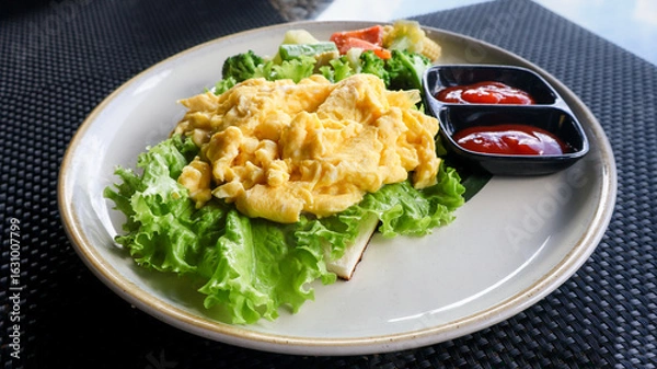 Fototapeta Freshly cooked golden yellow scrambled eggs served hot on a plate with vegetables and condiments. Perfect for breakfast, culinary blogs, food styling, and recipe illustrations. Close up