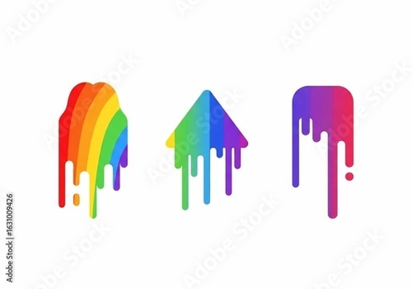 Fototapeta Three colorful abstract shapes with dripping paint effects, representing rainbow gradients.