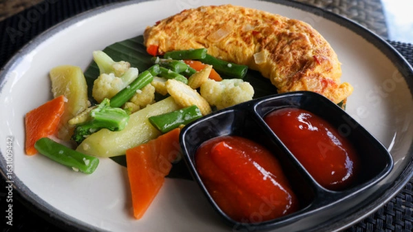 Fototapeta Golden fluffy omelette freshly cooked, filled with fresh ingredients, and served with vegetables and condiments. Culinary blogs, recipe illustrations, and food styling projects.