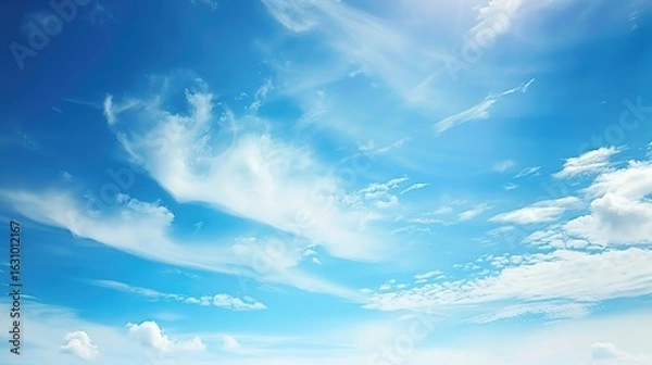 Obraz Serene Blue Sky and White Clouds Backgrounds: Expansive Skies with Fluffy Cumulus, Wispy Cirrus, and Rolling Cloud Formations, Perfect for Nature Photography, Landscape Design, Weather Graphics