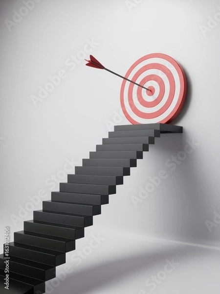 Fototapeta Stairway to success: Arrow hits target, symbolizing achievement and strategic progress.