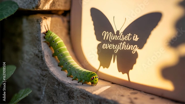 Fototapeta caterpillar on a leaf, Mindset is Everything – Inspirational Caterpillar and Butterfly Shadow Concept
