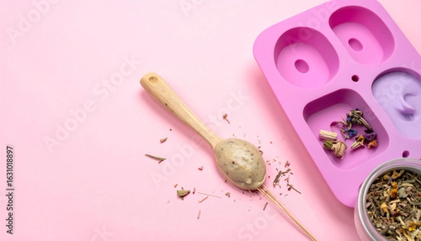 Fototapeta A close-up shot of a pink surface with soap-making tools and ingredients.
