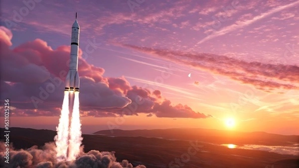 Obraz White Rocket Launching at Pink Sunset