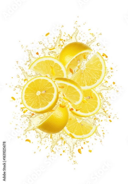 Fototapeta Yellow Lemon Slices in Juice Splash Isolated on Transparent Background