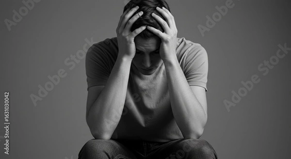 Obraz A man sits with his head in his hands, looking down, expressing sadness or despair in a black and white studio shot.