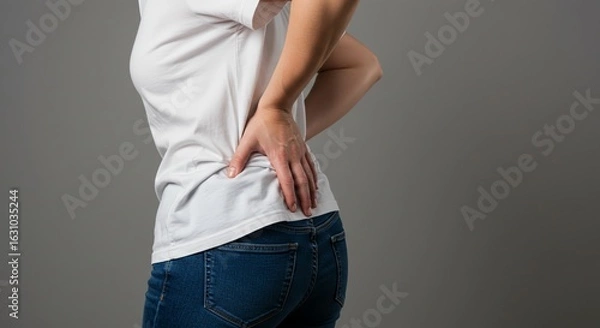 Obraz A person experiencing back pain, holding their lower back in distress.