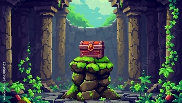 Fototapeta A lone treasure chest atop a mossy pedestal in a forgotten temple ruin, vibrant 8-bit pixel detail, surrounded by pixelated vines